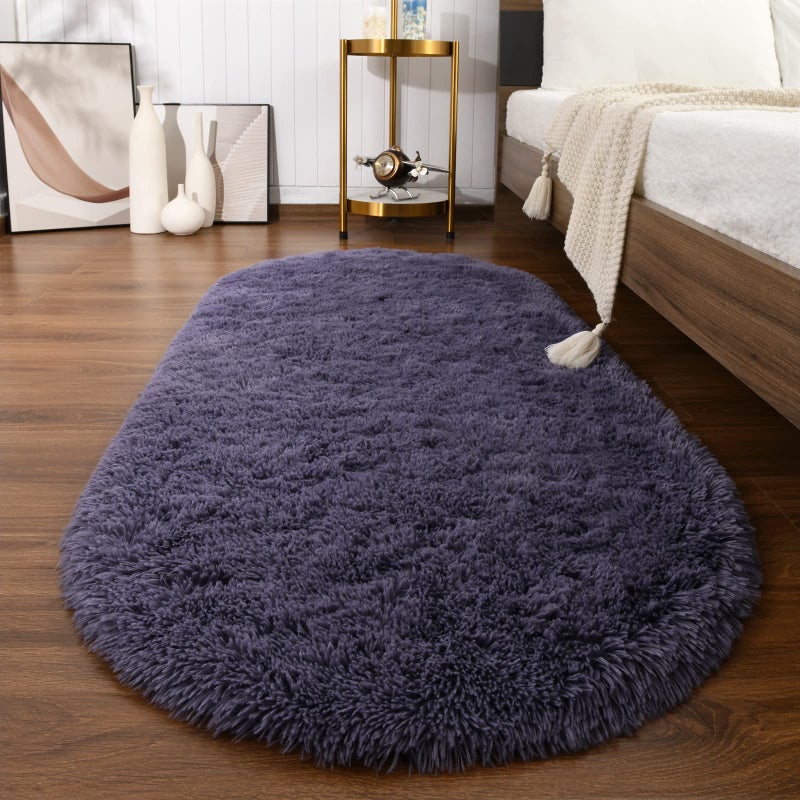 Softlife Fluffy Rugs for Bedroom, Shag Cute Area Rug for Girls/Boys and Kids Baby Room Home Decor, 2.6 x 5.3 Feet Oval Indoor Carpet for Nursery Dorm Living Room, Grey Purple - Image 1